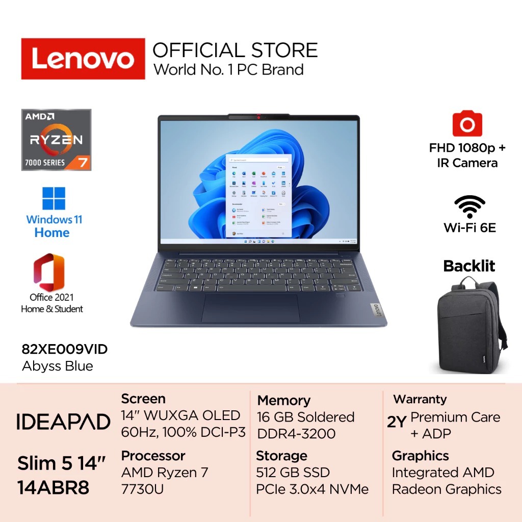 LENOVO IDEAPAD SLIM 5 14ABR8-AMD-Ryzen-7-7730U-Win11-16GB-512GB-SSD-14-WUXGA-OLED-400nits-60Hz-100-D