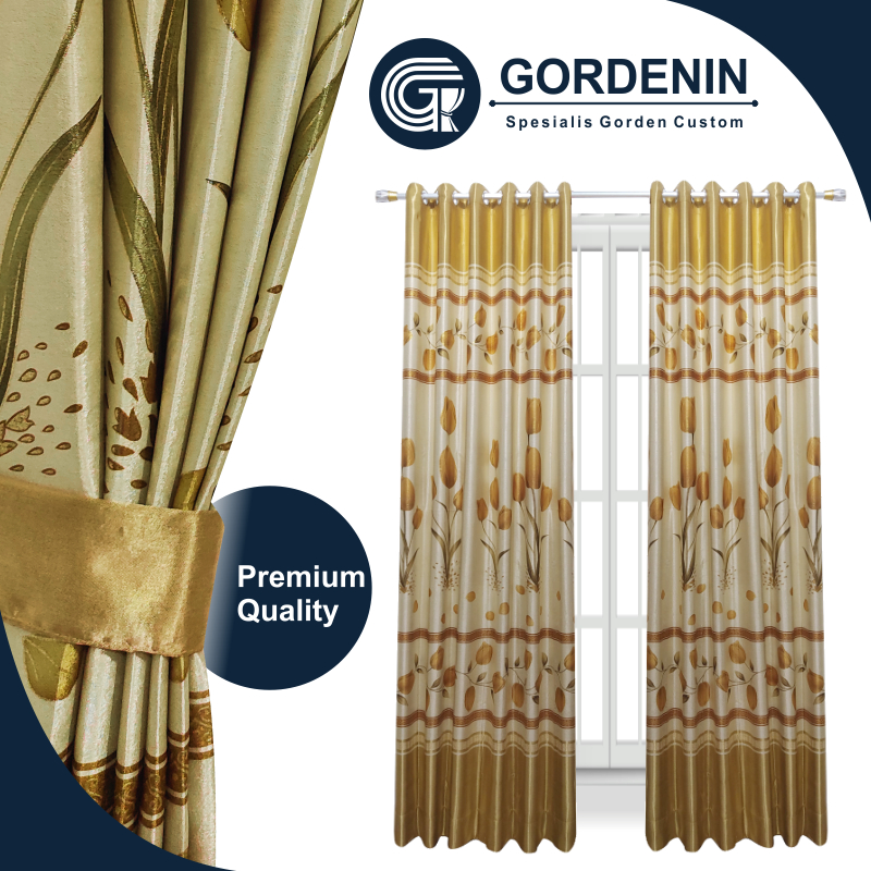 Gorden Blackout Minimalis Motif Bunga Tulip 5 Gelombang Warna Kuning Gold T.230cm