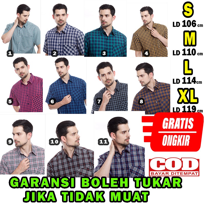 Kemeja kotak kotak hem baju atasan pria cowok laki laki reguler standar formal katun cotton best qua