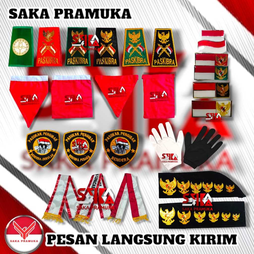 

Atribut anak sekolah selempang evolet pin bros syal peci kaos kaki tangan paskibra lengkap