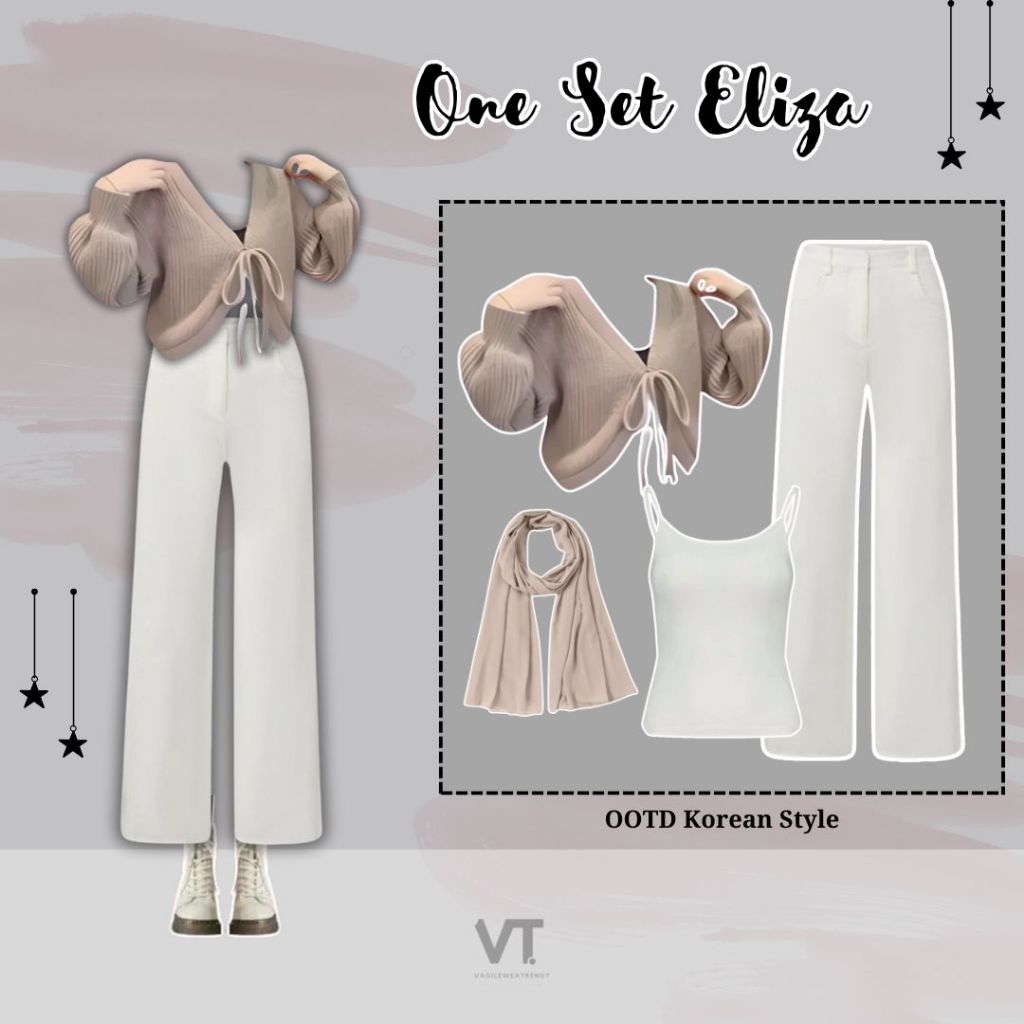 One Set Eliza (Hijab, Tanktop, Blouse, Celana) OOTD Hijab Korea Style ✿ PASHMINA CERUTY CREAM  ✿ Tan