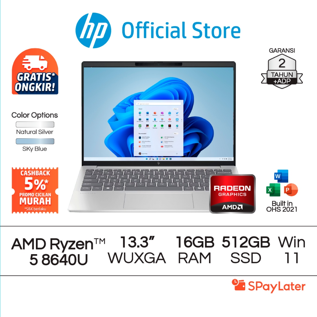 Spaylater 0% - Laptop HP Pavilion Aero AMD Ryzen 5 Radeon 16GB RAM 512GB SSD Silver / Blue Windows 1