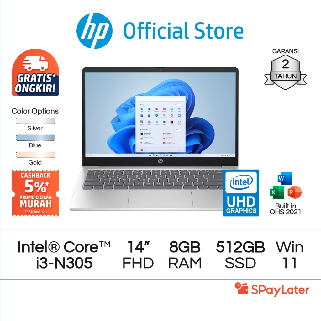 Laptop HP Intel Core i3 UHD 8GB / 4GB RAM 512GB / 256GB SSD Blue / Gold / Silver Windows 11 Home 14 