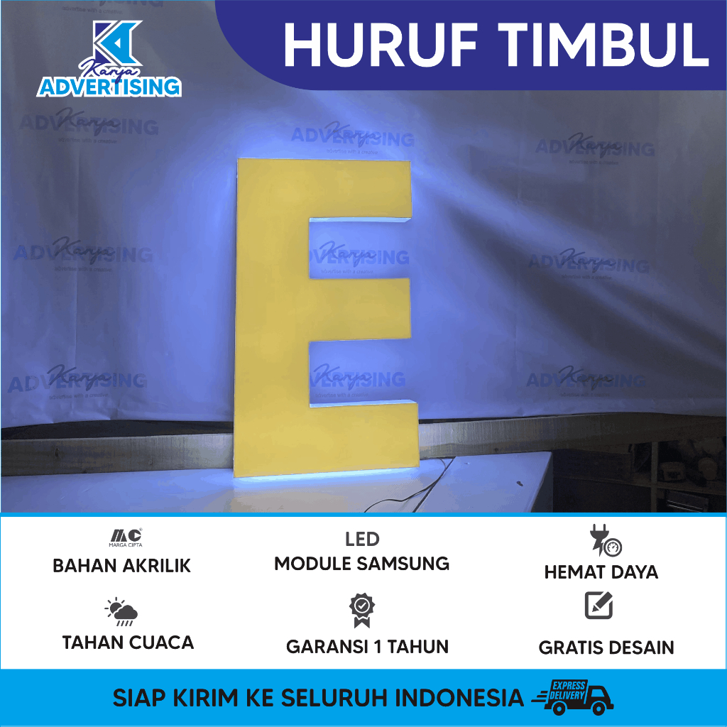 Huruf Timbul Full Akrilik Menyala Font Huruf Bebas Custom Bahan Awet Tahan Air LED Terang Hemat Daya