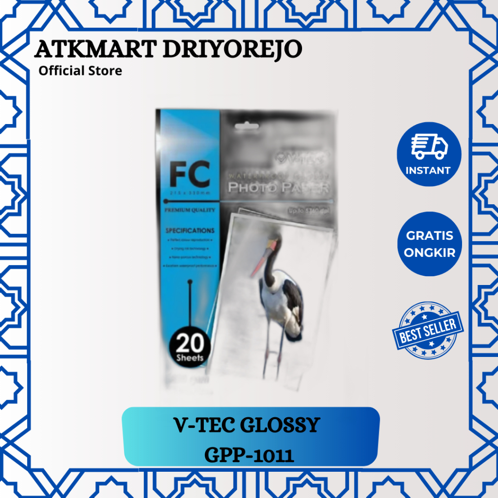 

KERTAS FOTO GLOSSY V-TEC PHOTO PAPER GPP-1011 230GSM ISI 20 LEMBAR UKURAN FOLIO