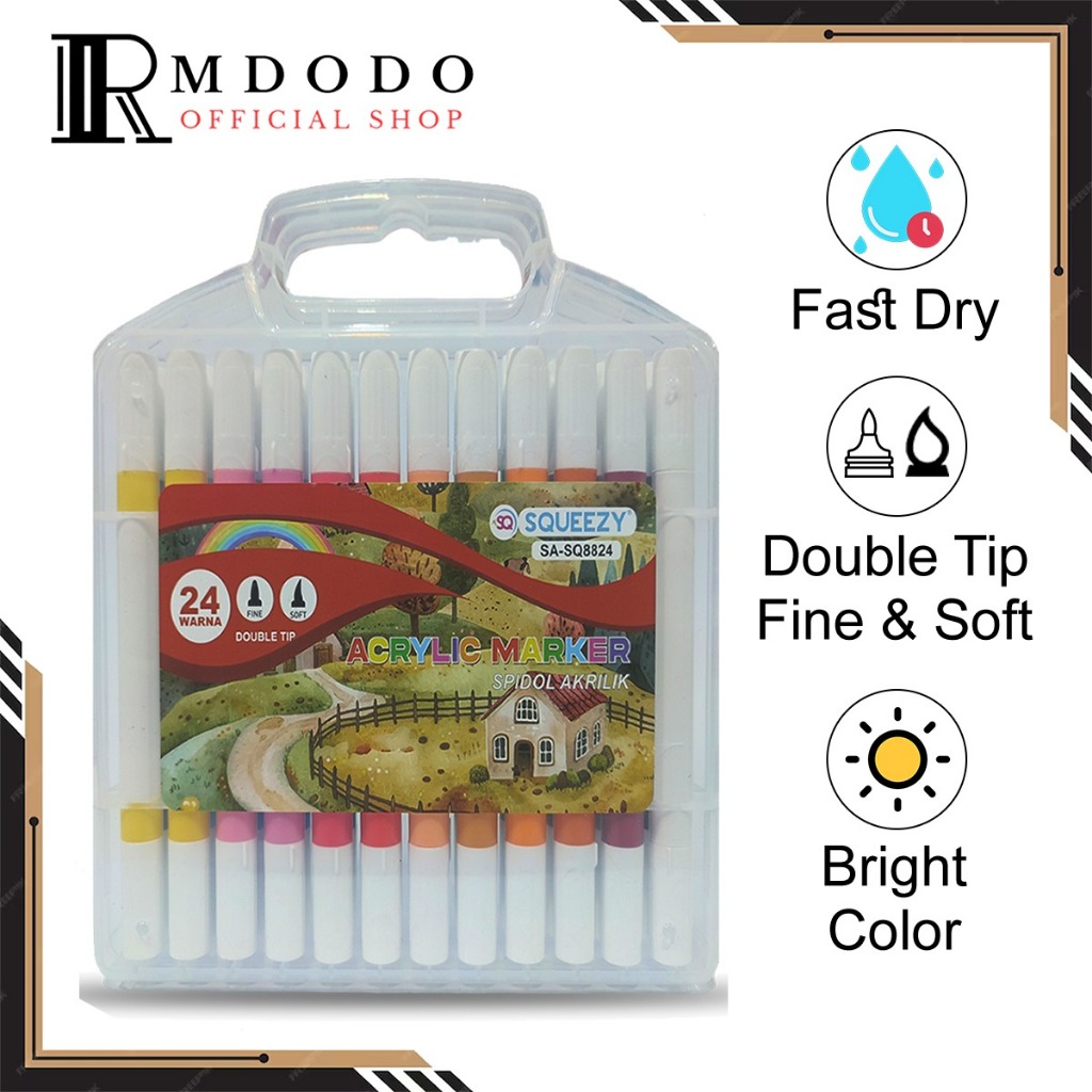 

Apazada - Spidol Akrilik Dual Tip [1 Set - 24 Warna] / Pena Cat / Acrylic Marker Squeezy SA-SQ8824