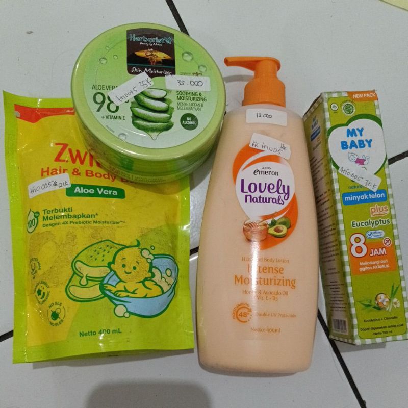 Zwitsal 400 ml, herborist Aloe Vera 250 gram, emeron lovely Hb 400 ml (Oren), minyak telon my baby 1