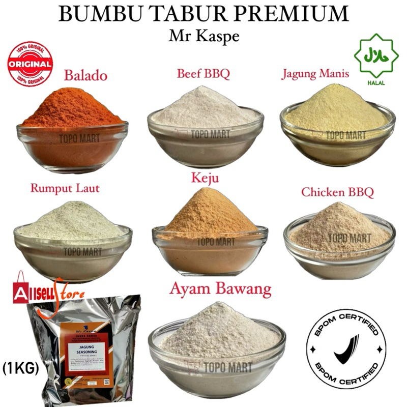 

(BISA COD) PROMO Bumbu Tabur Premium Mr Kaspe 1Kg / Bumbu Tabur Snack Cemilan / Bumbu Tabur Makanan / Bumbu Kentang Goreng / Bumbu Tela" / Bumbu Tabur Termurah / Bumbu Tabur Makanan Kemasan / Food Grade Halal Bpom / Rasa BBQ,Balado,Jagung,Keju,Rumput Laut