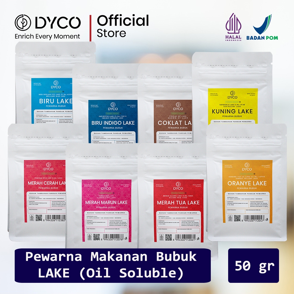 

DYCO Pewarna Makanan Bubuk Lake Oil Based Soluble Pouch 50 gr