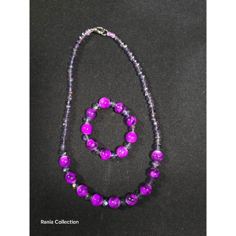 Set Kalung Gelang Batu Agate kombinasi crystal ungu