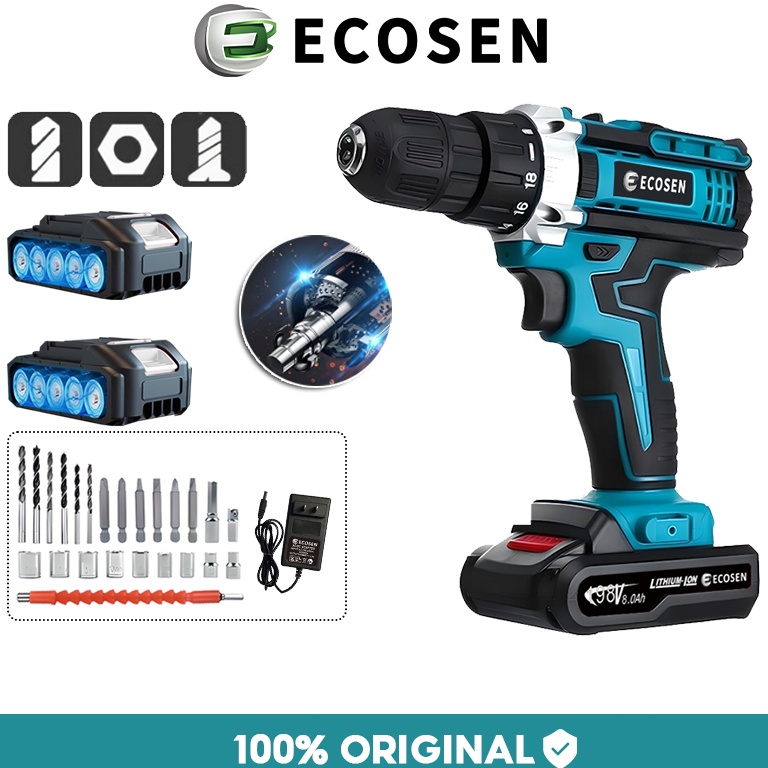 Langsung Atc ECOSEN 198V Mesin Bor Tangan Cordless Drill Battery Bor Cordless Power Drills Kit 2