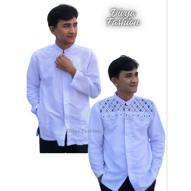 Koko Pria Dewasa Lengan Panjang Motif Bordir Elegan Dan Keren Berbahan Kain Katun Warna Putih Bersih