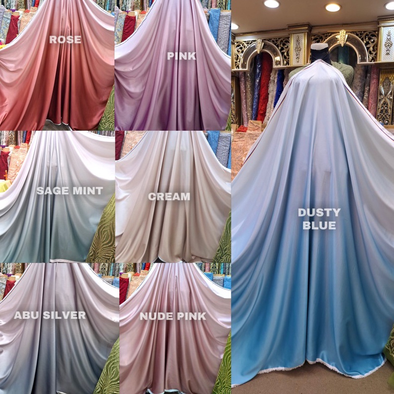 Kain Satin Roberto OMBRE Bridesmaid Silk Per 5 meter Lebar 15 cm Satin Gradasi 2 Warna1 Super Silk g