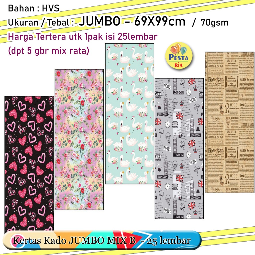 

Murah!! (1Set 25lmbr) Kertas kado motif JUMBO MIX C, kertas kado motif mix, Kertas Kado Setara Sansan Wawa