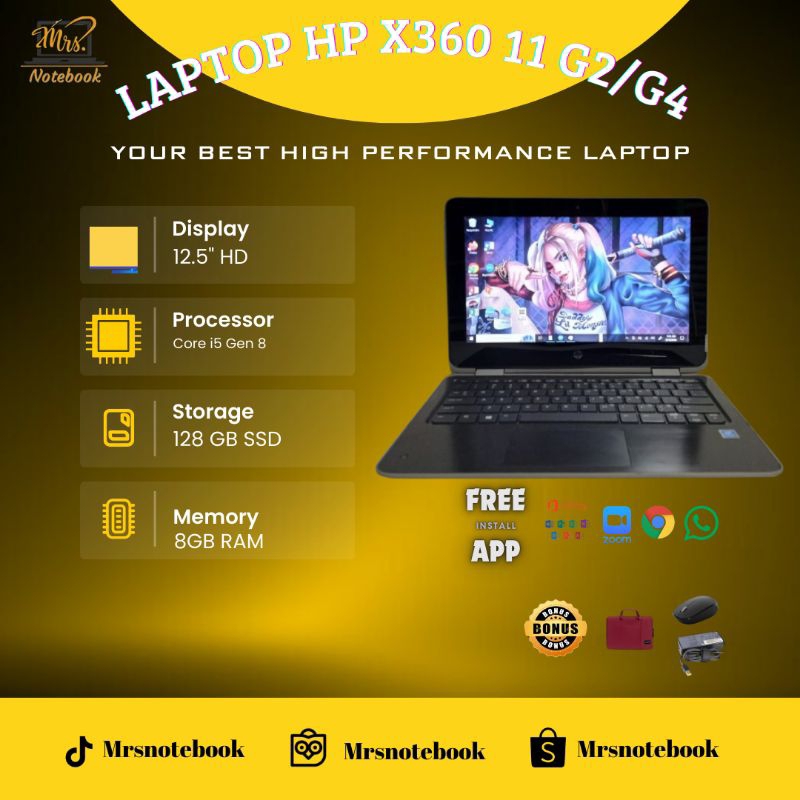 Laptop Flip HP X360 11 G4 Core i5 Gen 8 Ram 8GB SSD 128GB Touch Dual Cam - Windows 10 pro