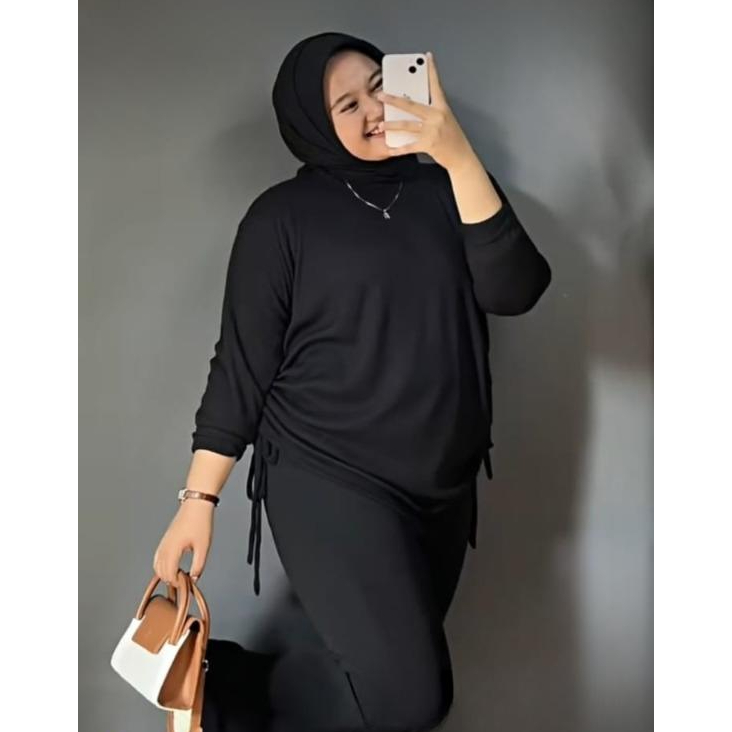Crop serut samping kiri & kanan jumbo lengan panjang kerut tali top knit korea
