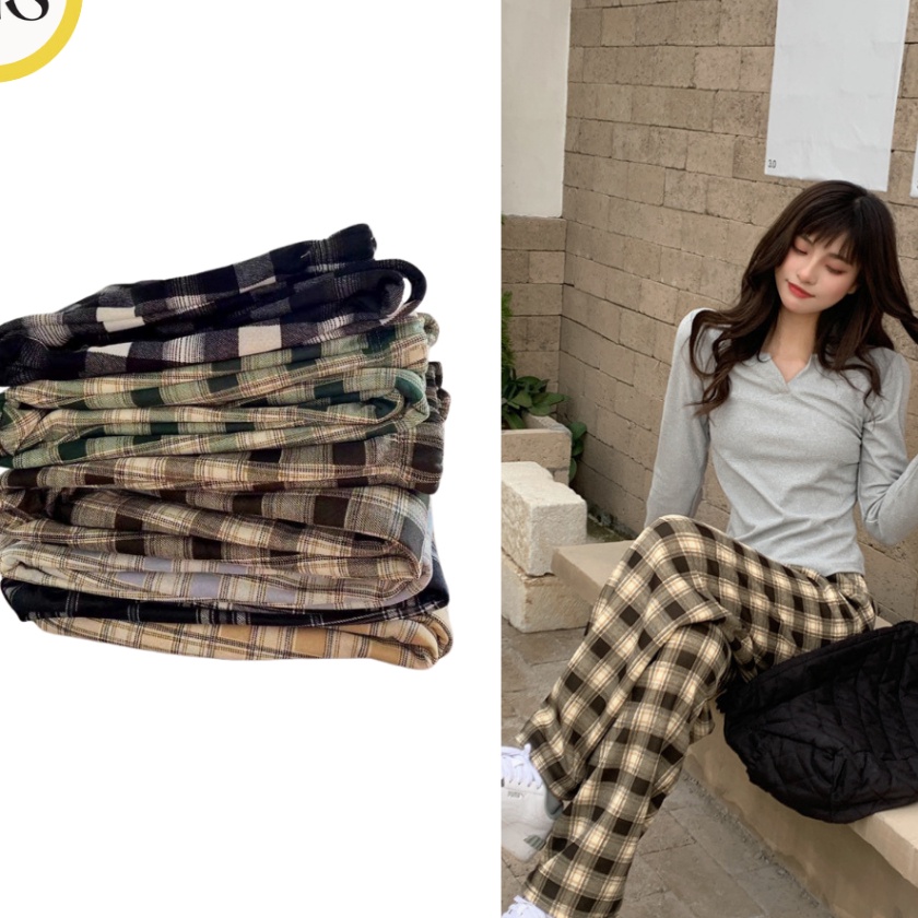 Termurah Miyeon 28 Celana Panjang Wanita Motif Kotak  Kotak Celana Tan Korean Style