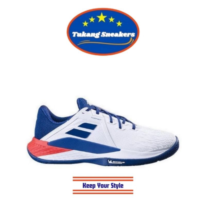 Sepatu Tenis Pria Babolat Propulse Fury 3 All White Blue BAB30S24208W