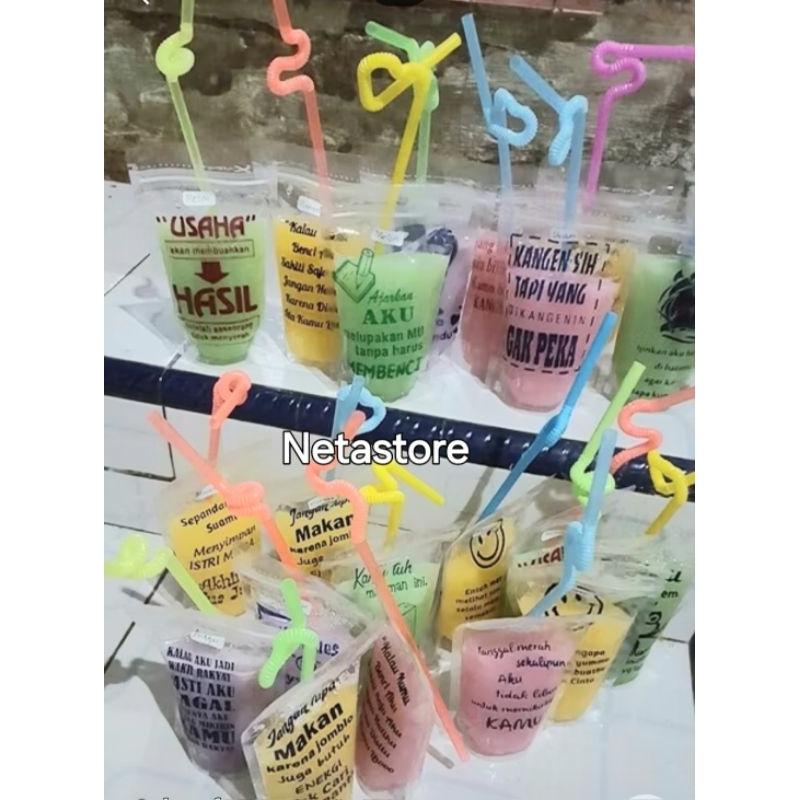 PAKET Plastik Es Standing Pouch Blutop 09*15, Sedotan, Plastik Es Berdiri Tegak, Plastik Snak