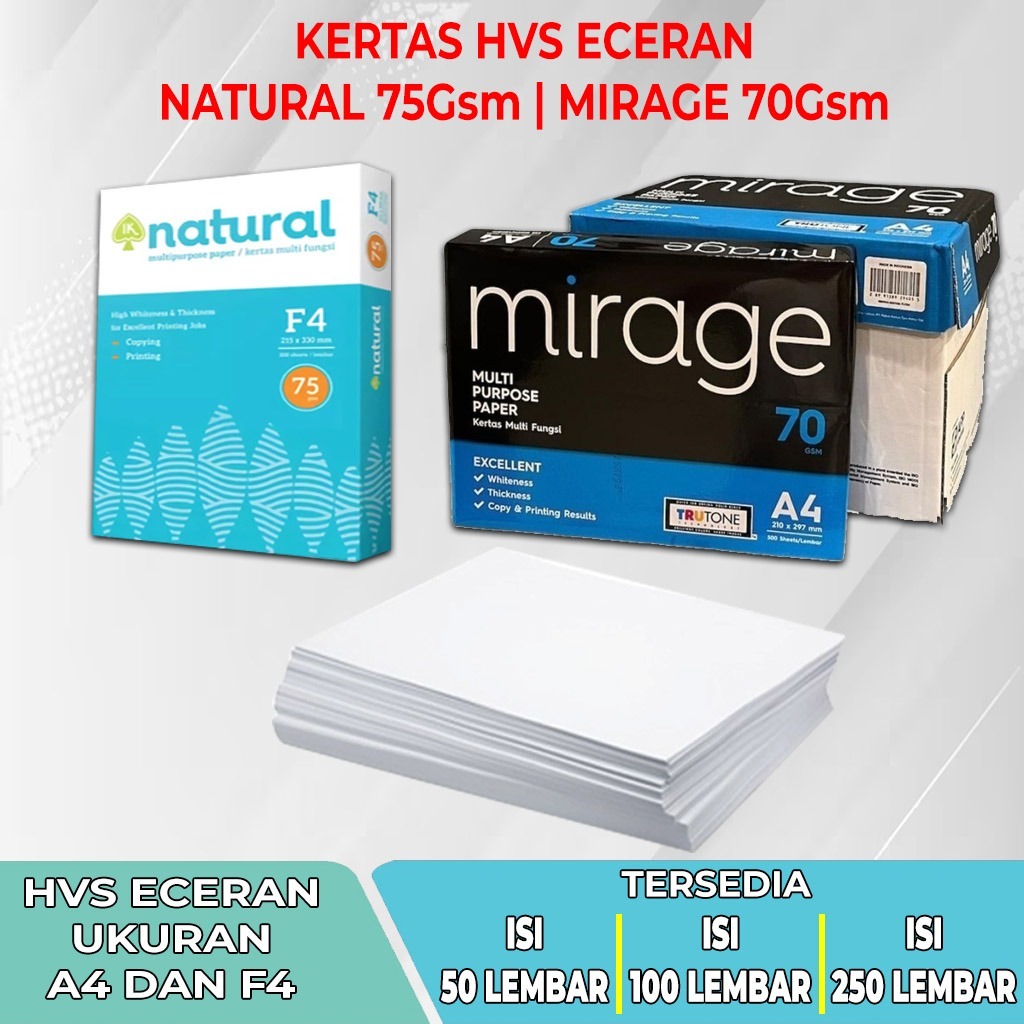 

[BISA INSTANT & COD] Kertas HVS ECERAN A4 / F4 Tersedia 50 / 100 / 250 Lembar MERK NATURAL & MIRAGE