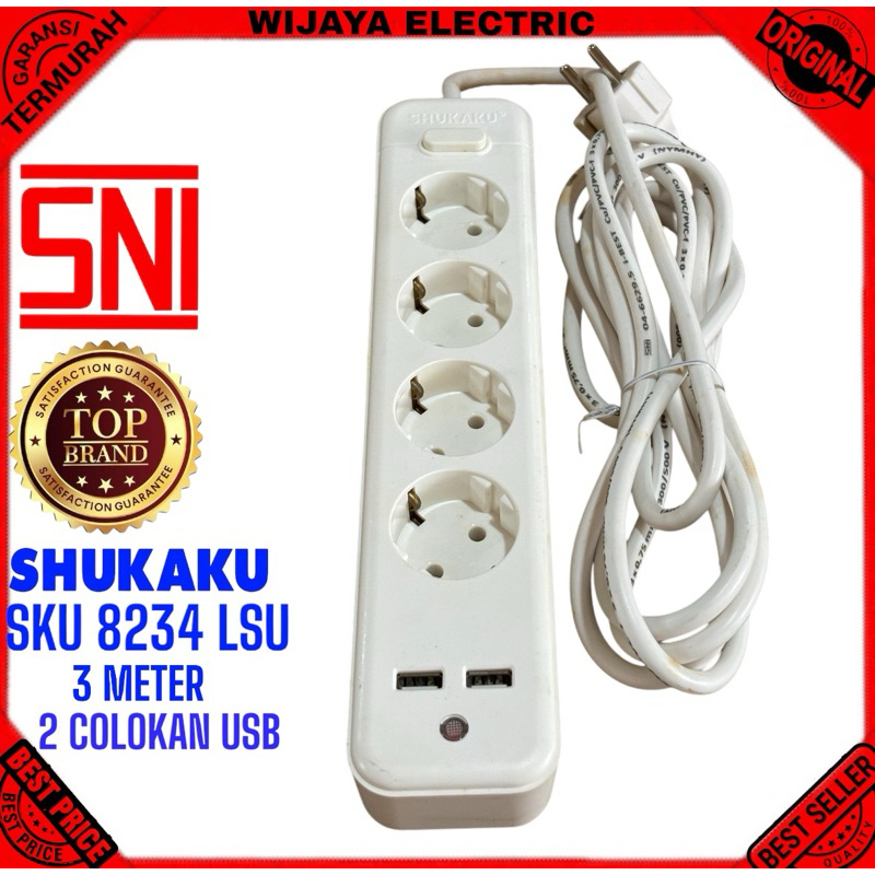 Shukaku premium stop kontak kabel + saklar + 2 Colokan Usb 4 lubang 3 meter Tembaga Murni SKU 8234 L