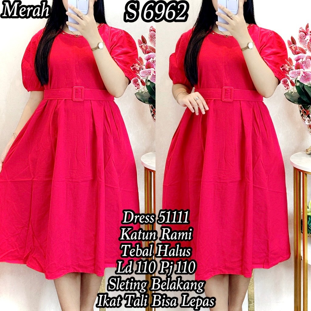 6962 #Dress Katun Rami Polos Tali Pinggang Casual Wanita