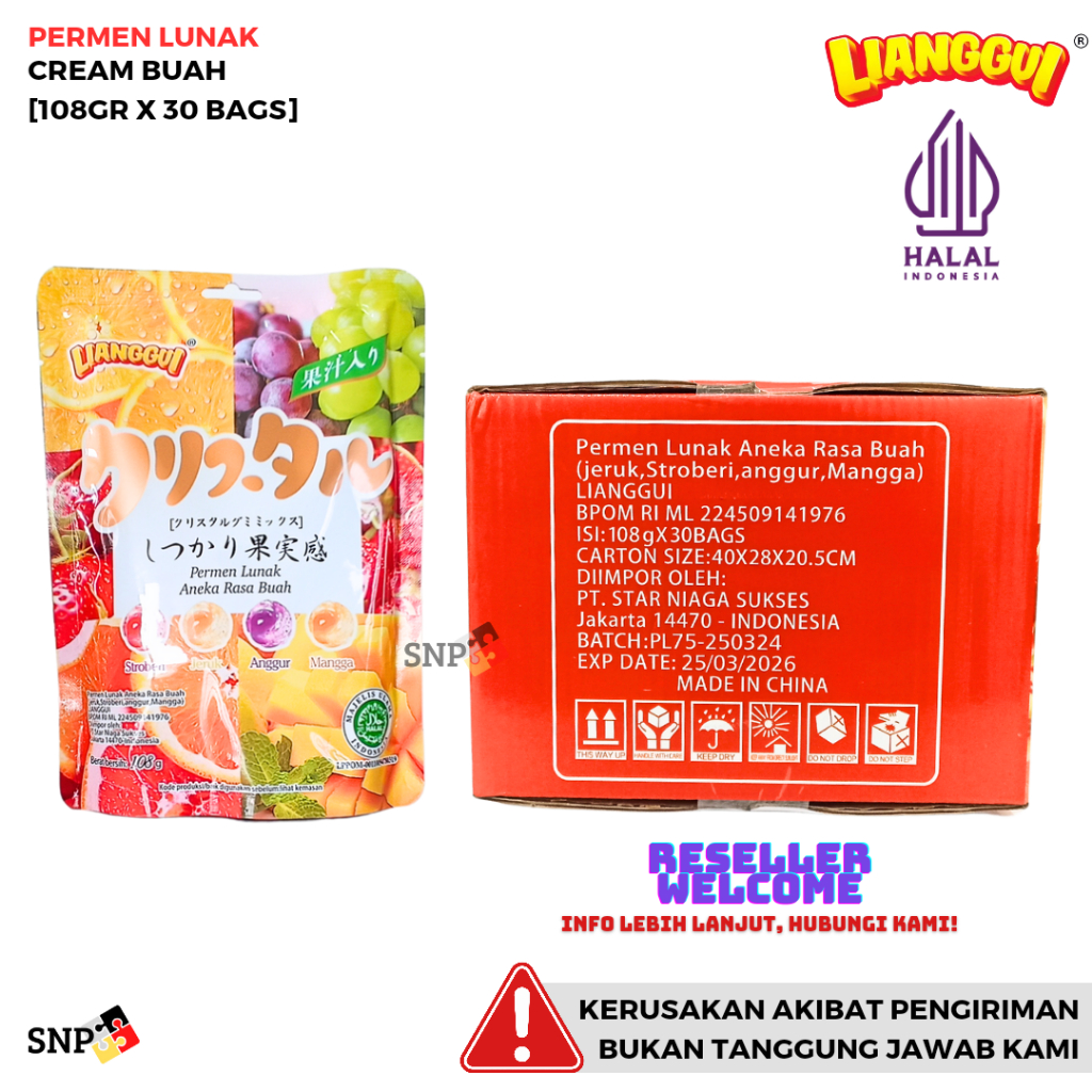 

LIANGGUI PERMEN LUNAK CREAM BUAH 108 GRAM [1 DUS, ISI 30 BAGS]