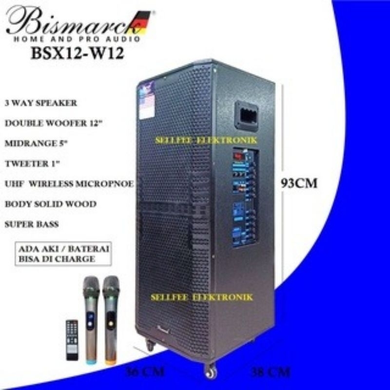 SPEAKER PORTABLE 12 INCH DOUBLE WOOFER BISMARCK BSX12-W12 BLUETOOTH 3 WAY S