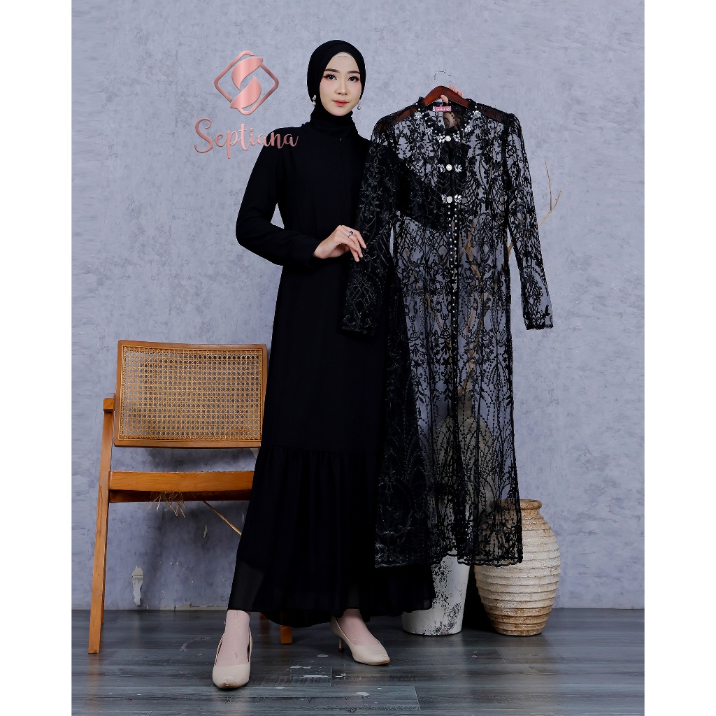 DISKON SEPTIANA - SET OUTER DAN INNER GAMIS BRUKAT PESTA KOMBINASI TILLE BRUKAT DAN CERUTI BABY DOLL