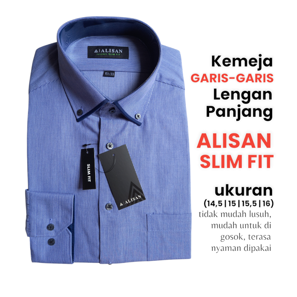Kemeja Lengan Panjang Alisan Salur / Garis warna biru Slimfit