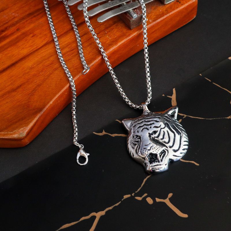 Kalung Rantai Liontin Macan Aksesoris Kalung Rantai Pria Bentuk Harimau Warna Silver