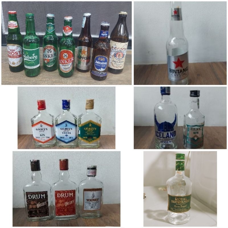 BOTOL KACA BEKAS MINUMAN KERAS BEER DRUM WHISKEY GILBEYS VODKA DOME GIN UNTUK PAJANGAN DISPLAY VAS