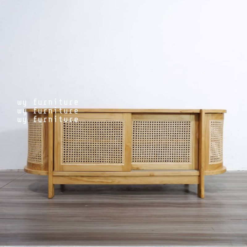 Bufet Minimalis Pintu Sliding Kayu Jati Kombinasi Anyaman Rotan - Bufet Meja Tv Mimimalis Kayu Jati