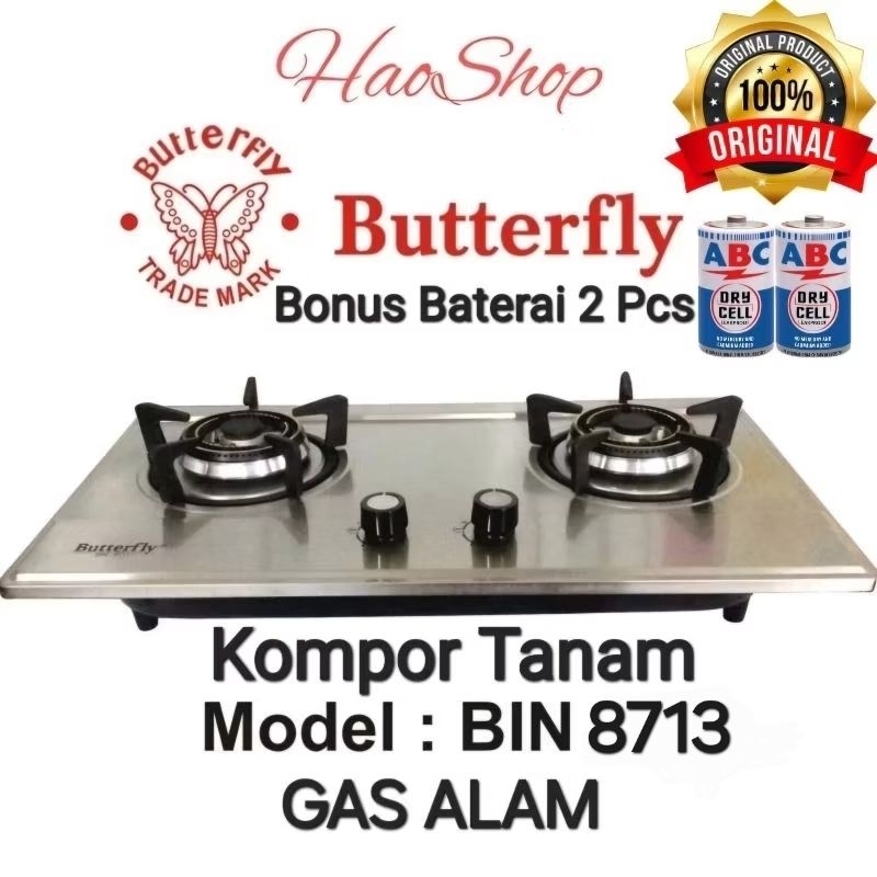 KOMPOR TANAM GAS ALAM 2 TUNGKU STAINLESS STEEL PAKAI GAS ALAM PGN MERK BUTTERFLY BIN 8713 SNI