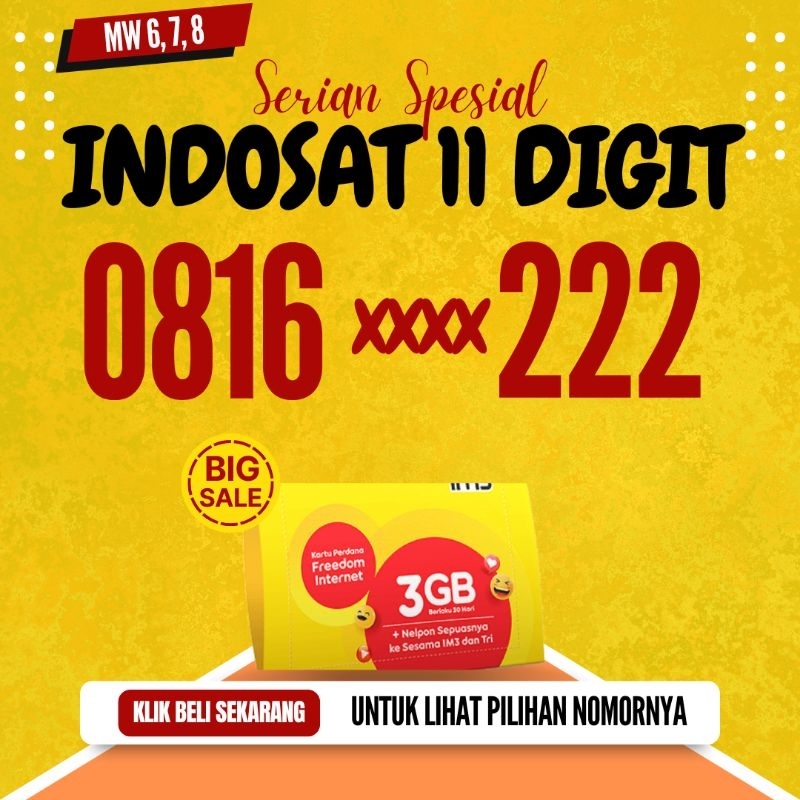 Nomer Cantik Indosat 11 Digit Serian Belakang Triple 111 222 333 444 555 666 Kode MW6 MW7 MW8 11 Dig