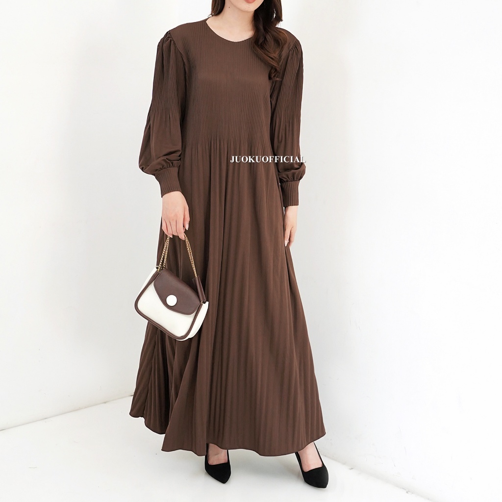 bestpromo maxi dress plisket lidi cabang lengan balon / dress lengan panjang / dress panjang / gaun