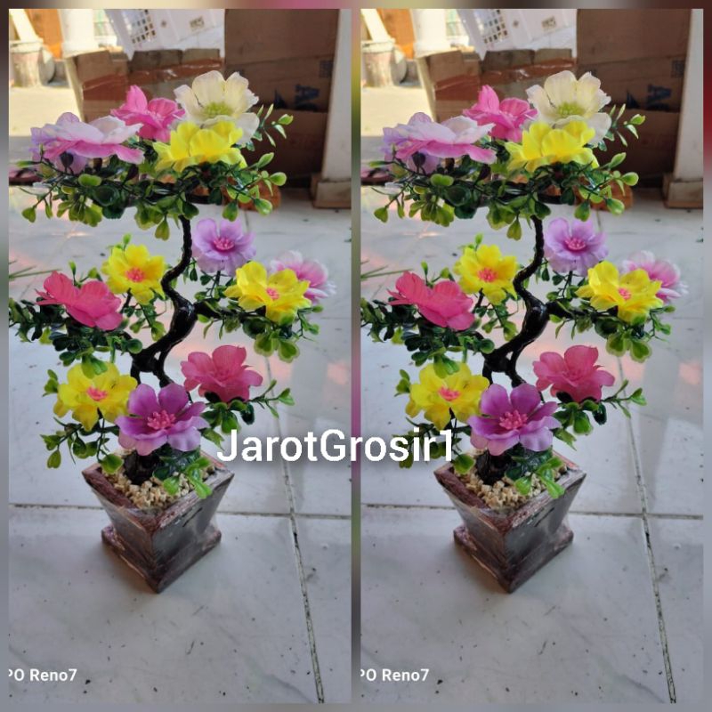 BUNGA HIAS MEJA TINGGI 40CM + POT DAN BATU // BUNGA  SAKURA PLASTIK IMITASI // HIASAN RUANG TAMU // 