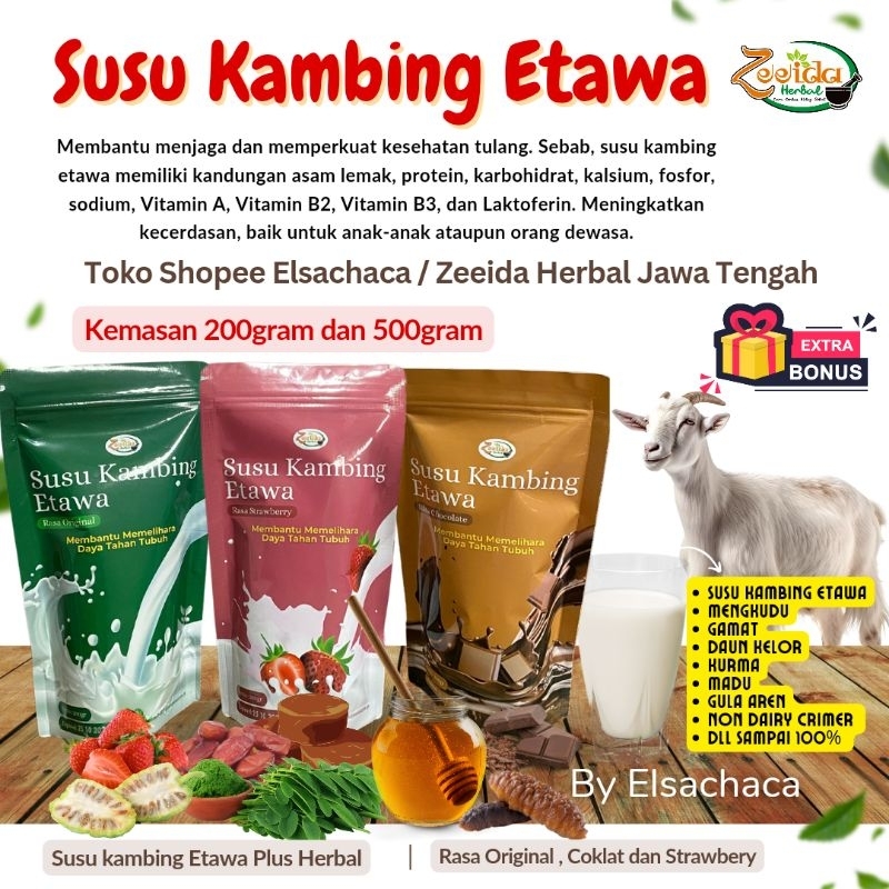 

Susu Kambing Etawa Zeeida Plus Daun Gamat, Daun Kelor , Kurma, Madu dan Gula Aren