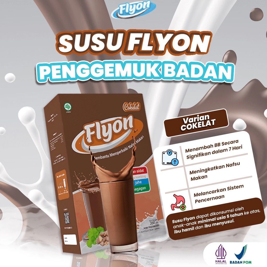 

NF Susu FLYON COKLAT 1 Box isi 200 Gram Susu Penggemuk Badan Penambah Berat Badan Tinggi Protein Kalsium Kalori Sehat Berisi Vitamin Nutrisi Gizi BB Booster Weight Gainer Susu Kambing Etawa Ikan Sidat Jahe Pegagan Cokelat BPOM HALAL