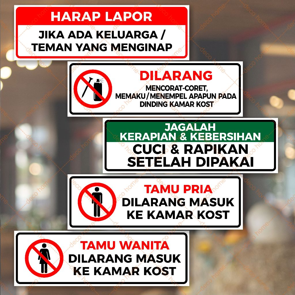 

Sticker Waterproof Kost Harap Lapor Dilarang Corat Coret Cuci Kembali Tamu pria Tamu Wanita