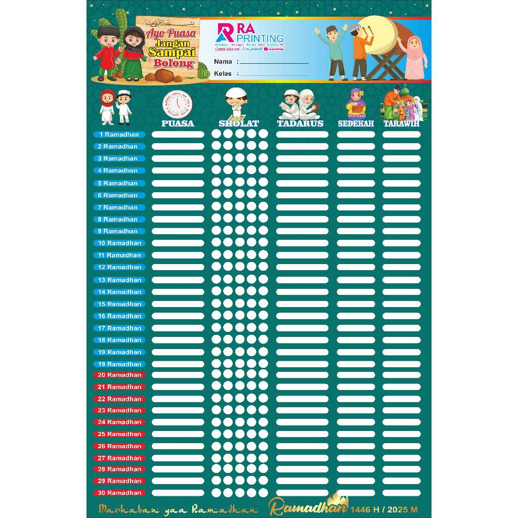 

Poster Checklist Ramadhan / Jadwal harian anak bulan Ramadhan 2025 / 1446H MURAH Ukuran 23 cm x 32 cm (F4)
