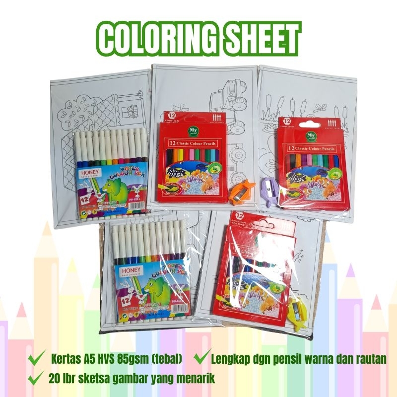 

Paket Mewarnai/Lembar Mewarnai/Colouring Sheet/Souvenir Ulang Tahun Anak Sketsa Gambar Berbagai Tema untuk anak Balita, Toddler, PAUD, SD, Dilengkapi Pensil Warna
