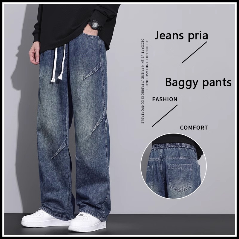Celana jeans pria panjang korean style baggy pants celana denim dewasa cowok casual celana kulot pri