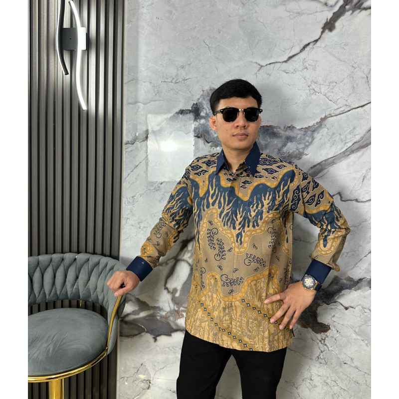 KEMEJA BATIK DOBI NAVY GOLD JAHITAN FUL FURING TRIKOT WAFEL