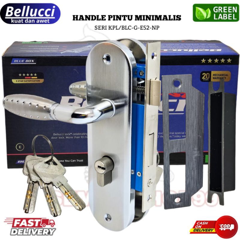 KUNCI PINTU RUMAH UKURAN TANGGUNG MEREK BELLUCI SERI E52 NP MODEL MINIMALIS GAGANG PINTU BULATBINTIK