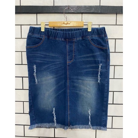 KODE U35C ROK MINI JEANS WANITA JUMBO ROK PENDEK JEANS RUMBAI MELAR PINGGANG KARET STRETCH