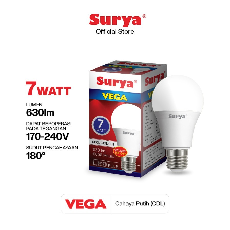 LAMPU SURYA VEGA LED 7W CAHAYA PUTIH - BULB 7 WATT E27 SUPER TERANG BOHLAM SNI
