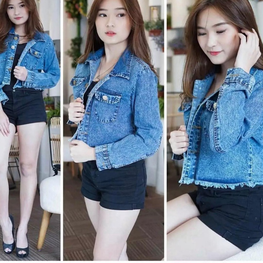 Diskon JAKET JEANS CROP RAWIS WANITA SNOW BLACK BLUE TEBAL KOREAN STYLE MILEA DENIM LEVIS LEPIS ORI 