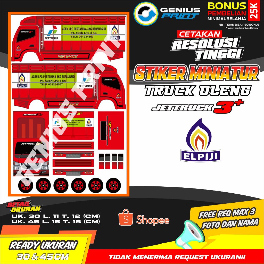 Stiker Mainan Miniatur Truk Motif LPG | Ayam Kampus | Polisi | Satpol PP | TNI AD Uk. 30/45cm