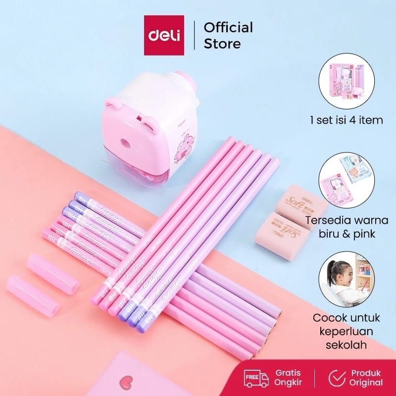 

Deli Stationery set 4 in 1 rautan pensil 12pcs pensil 2 penghapus dan 2 penutup pena 68896